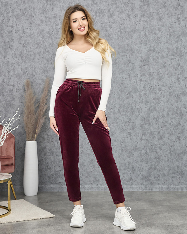 Bordo spalvos moteriški veliūriniai sportiniai kostiumai PLUS SIZE- Drabužiai