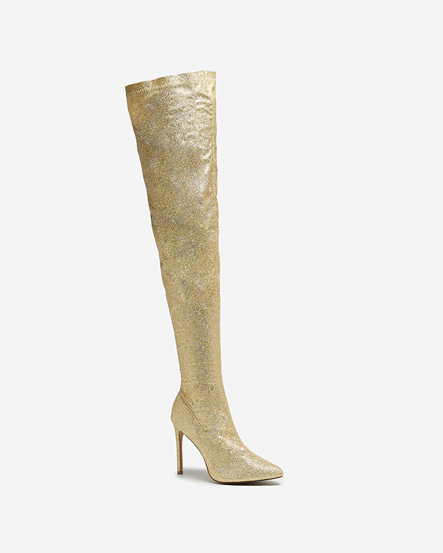 Auksiniai moteriški bateliai virš kelių su blizgučiais Qesda- Avalynė