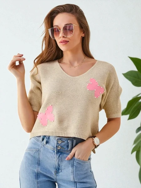 Royalfashion Moteriškas Medvilninis Trumpas Megztinis su Drugeliais