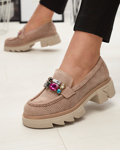 Светло-коричневые ажурные женские мокасины с орнаментом Bokkso- Footwear