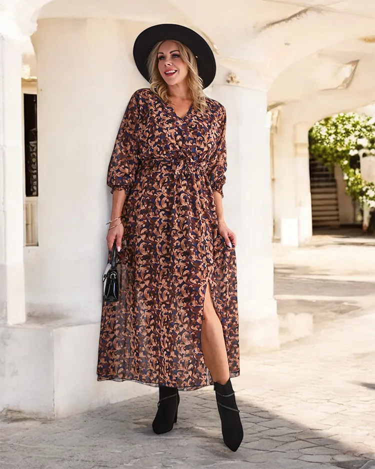 "Royalfashion" Kupranugario spalvos raštuota moteriška maksi suknelė