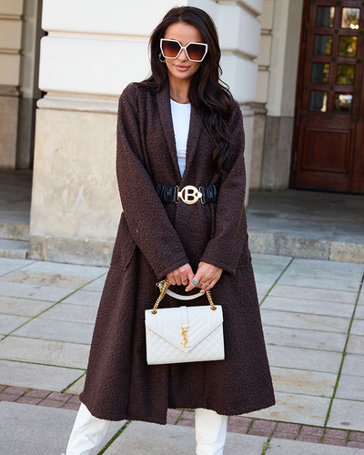 "Royalfashion" Tamsiai rudas moteriškas avikailis su diržu