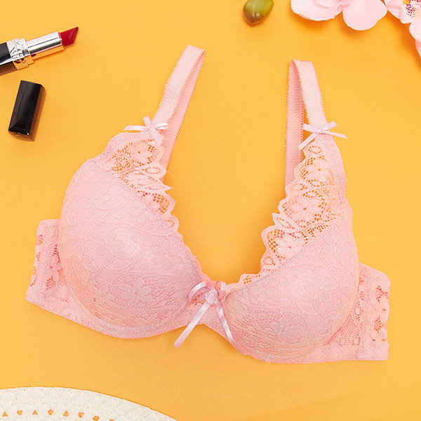 Moteriška rožinė push-up liemenėlė su nėriniais - Apatiniai rūbai