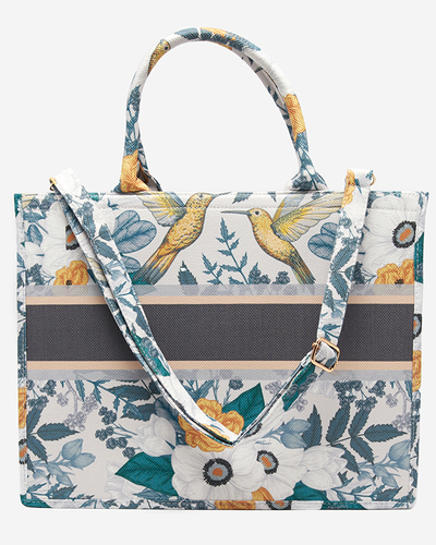 Сумка-шоппер женская серо-синяя с цветочным принтом