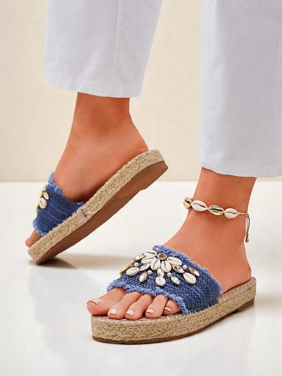Royalfashion Calista Summer Flippies – Light Blue with Shells on a Flat Sole