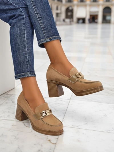 Women's Perseida Loafers – Light Brown Suede Block Heel Elegant