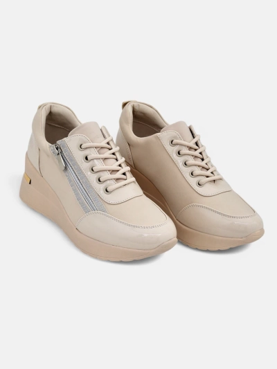 Damskie sneakersy koturny HeraBea beżowe z eko skóry 6,5 cm z zamkiem