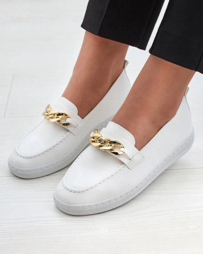 Moteriški balti mokasinai su aukso puošmena Ellica- Footwear