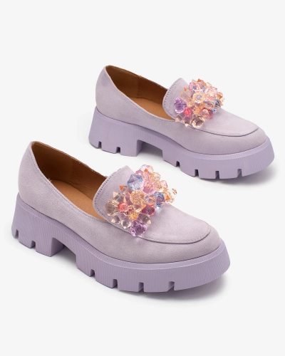 OUTLET Royalfashion Фиолетовые женские мокасины с разноцветными кристаллами Crystal Glam