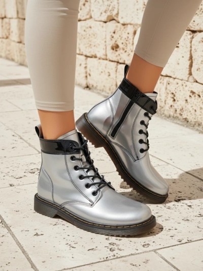 Celestina Eco Patent Leather Silver Ankle Boots with Zipper