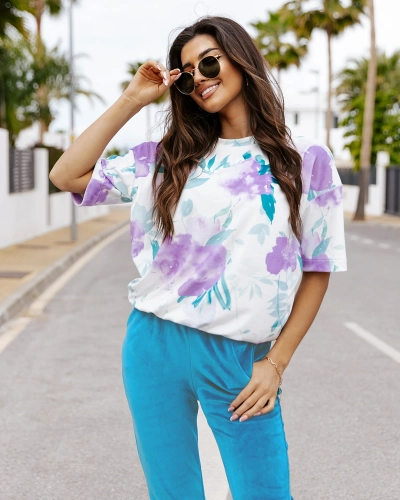 Royalfashion Turkio ir violetinės spalvos veliūrinis moteriškas sportinis kostiumas su gėlių motyvais