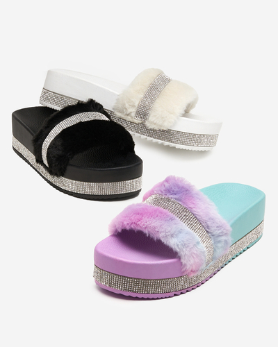 OUTLET Белые женские тапочки с мехом и фианитами Zerika - Обувь