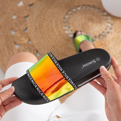 Черные тапочки с голографической желтой полосой Rinata - Обувь