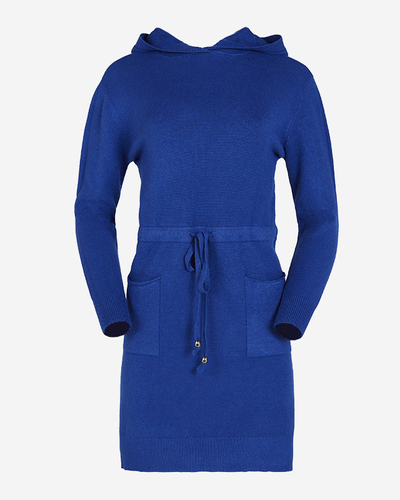 Темно-синий женский свитер-туника с капюшоном с капюшоном