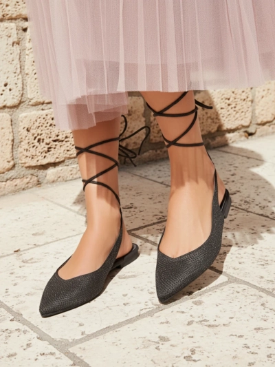 Damiane Nero Sandals - Black Tie-Up Ballerinas with Fabric and Flat Heel