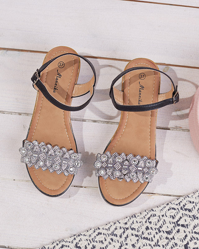 Juodos moteriškos pleištinės basutės su kubiniais cirkoniais Mafa- Footwear