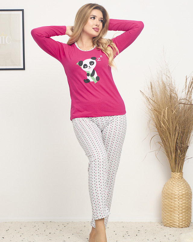 Fuksijų spalvos moteriška pižama su panda- Apranga