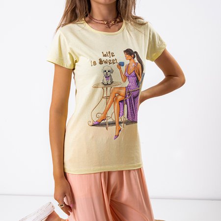Geltoni moteriški medvilniniai marškinėliai su spalvotu atspaudu ir užrašu-Drabužiai