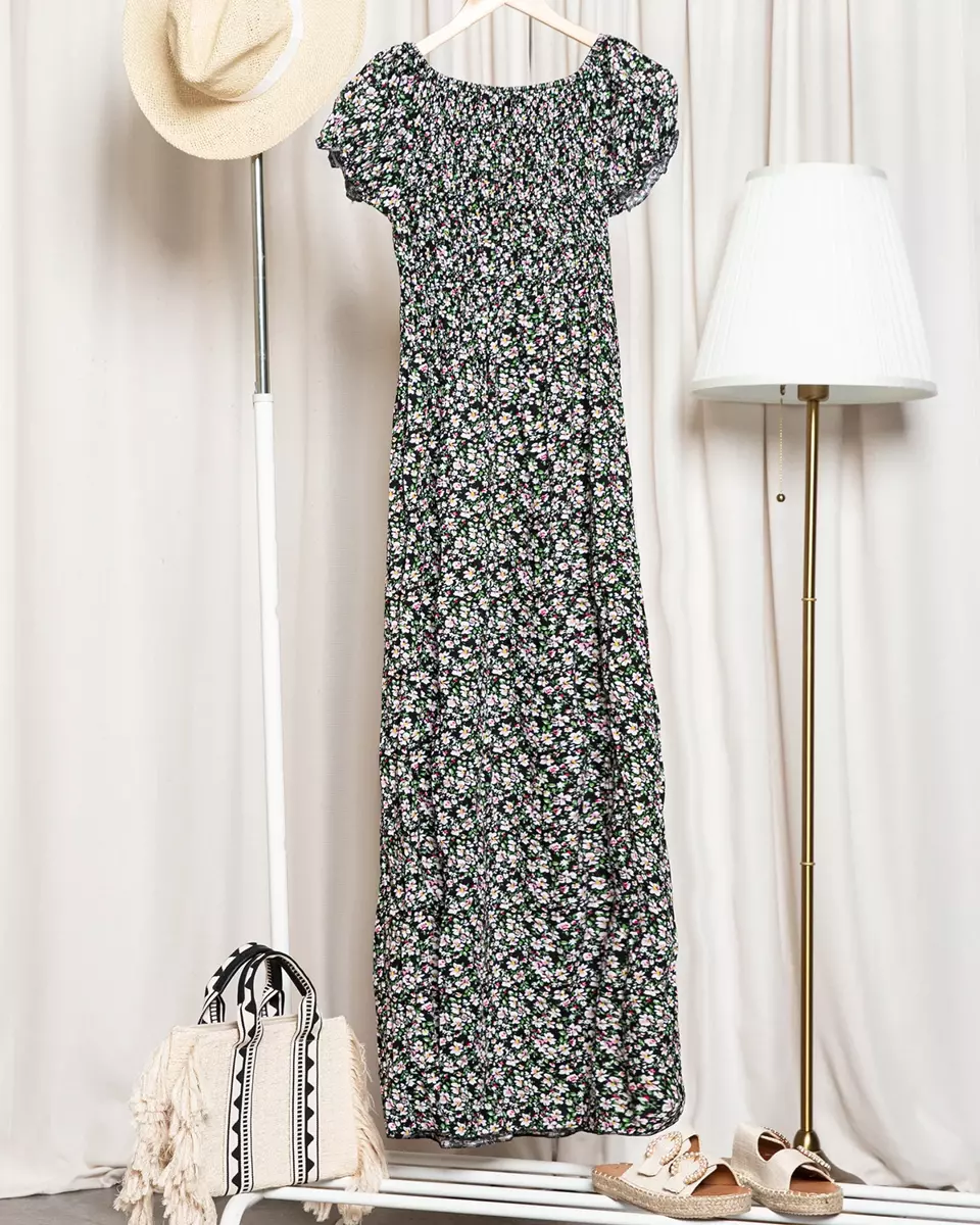Juoda moteriška gėlėta midi ilgio suknelė - Apranga