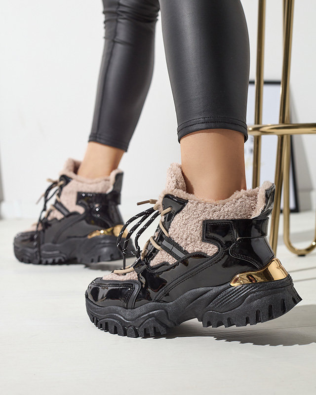 Juodi moteriški sportiniai bateliai su kailiu ir smėlio spalvos raišteliais Adbo- Footwear