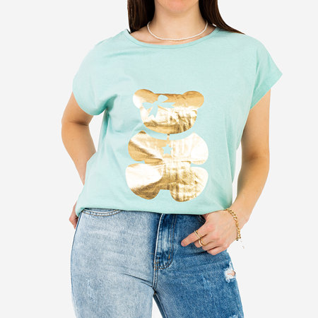 Mėtų spalvos moteriški marškinėliai su aukso spalvos meškiuko raštu - Drabužiai