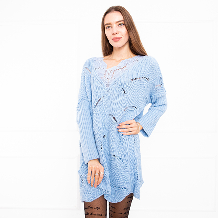 Moteriškas mėlynas ilgas ažūrinis megztinis - Drabužiai