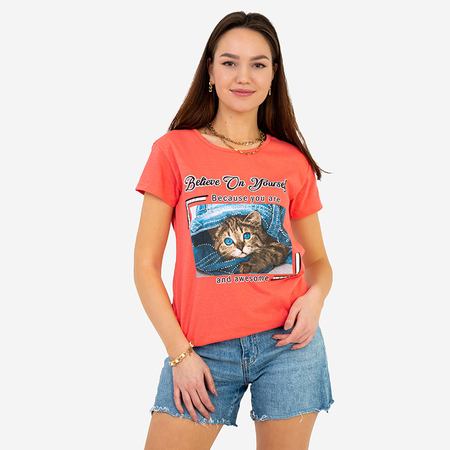 Moteriški koraliniai marškinėliai su kačių raštu ir tekstu - Drabužiai