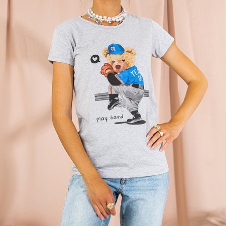 Pilki moteriški medvilniniai marškinėliai su įspaudu-Drabužiai