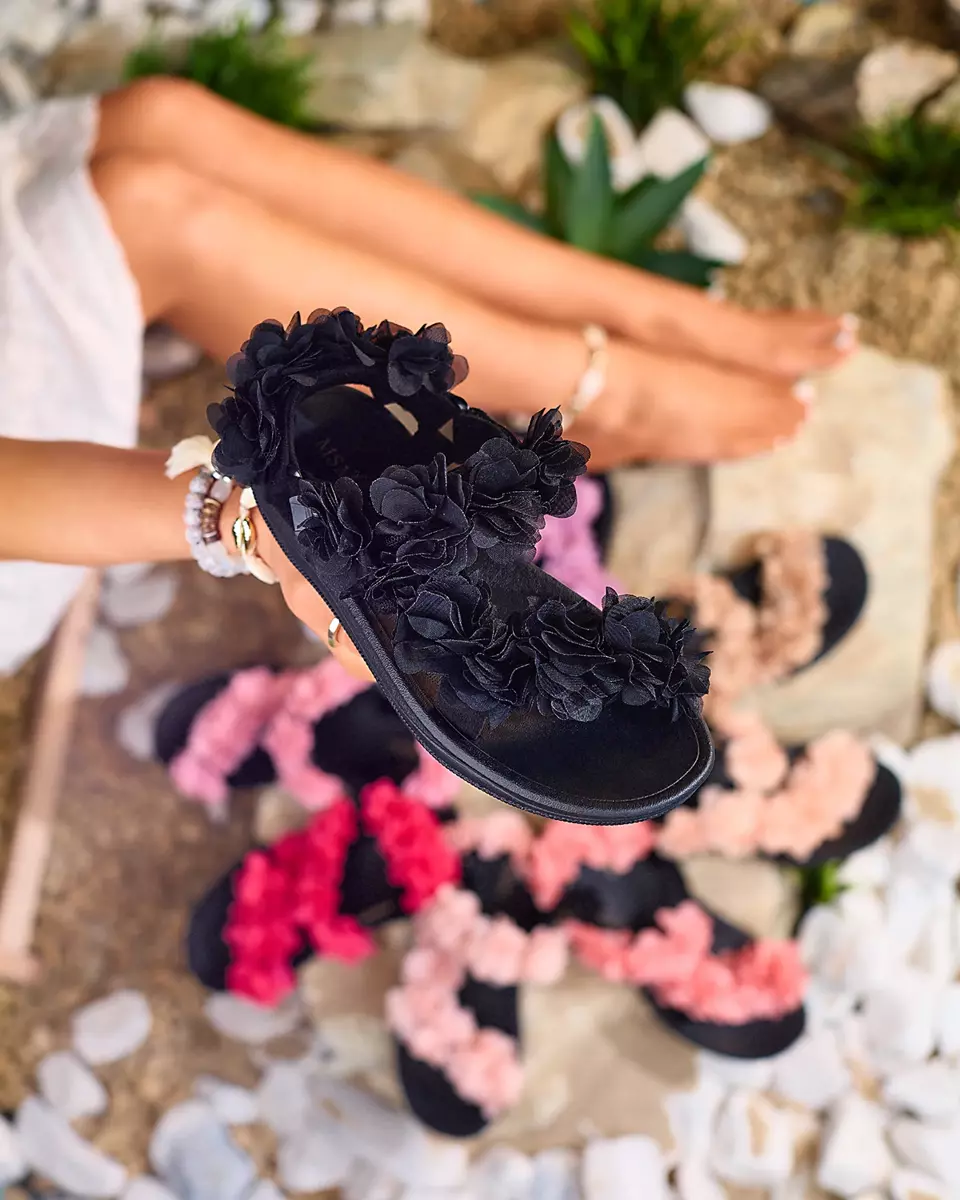 Royalfashion Juodi moteriški sandalai su gėlėmis Alferroy