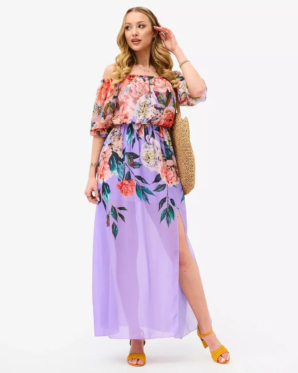 Violetinė moteriška ilga suknelė su gėlėmis ir pamušalu - Apranga