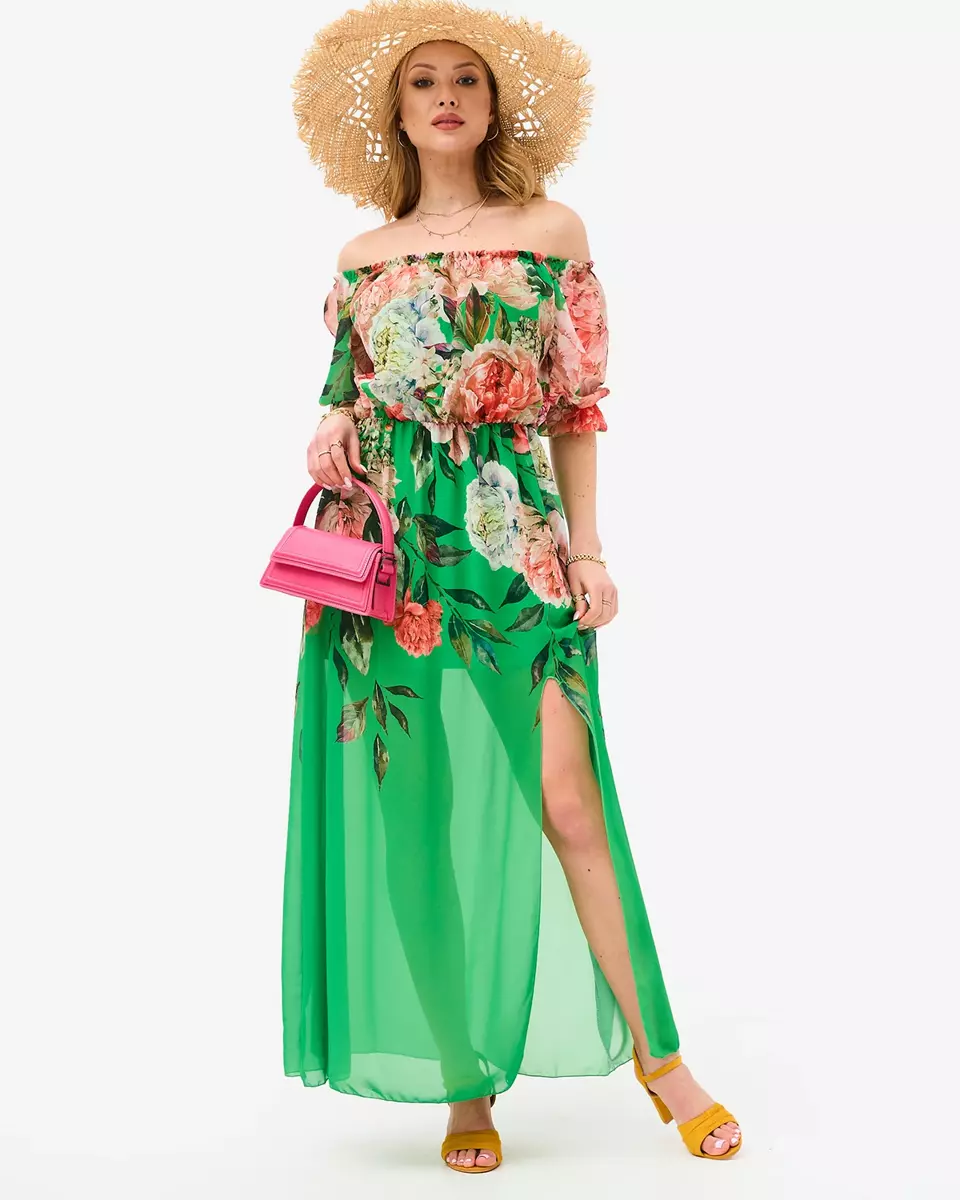 Žalia moteriška ilga suknelė su gėlėtu pamušalu - Apranga