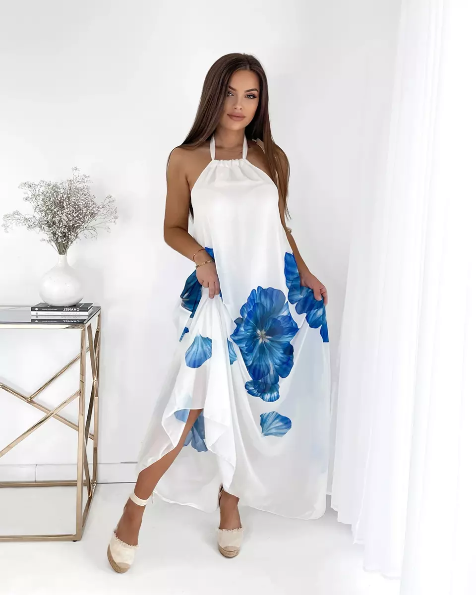Balta moteriška midi suknelė su mėlynomis gėlėmis - Apranga