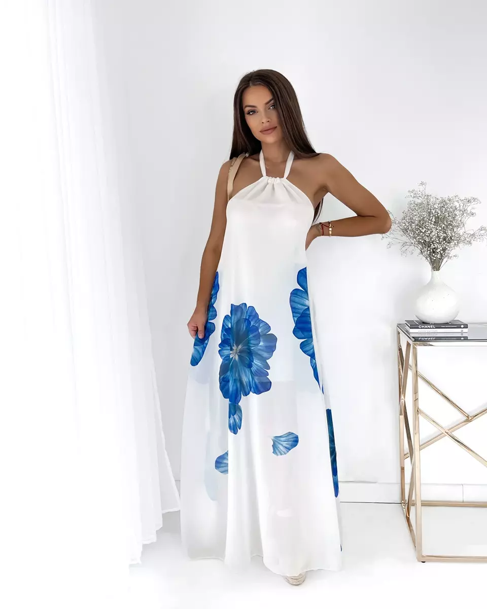 Balta moteriška midi suknelė su mėlynomis gėlėmis - Apranga