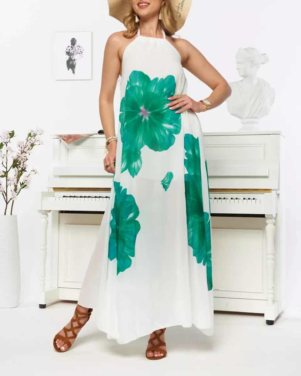 Balta moteriška midi suknelė su tamsiai žaliomis gėlėmis - Apranga