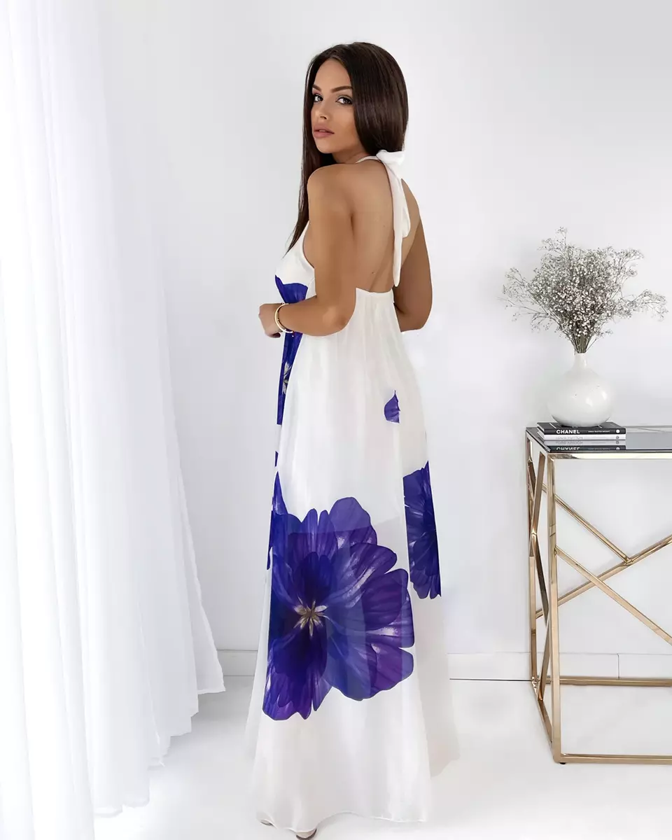 Balta moteriška midi suknelė su violetinėmis gėlėmis - Apranga