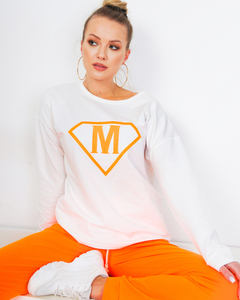 Baltos ir oranžinės spalvos moteriško sportinio sportinio kostiumo komplektas su ženkliuku - Drabužiai