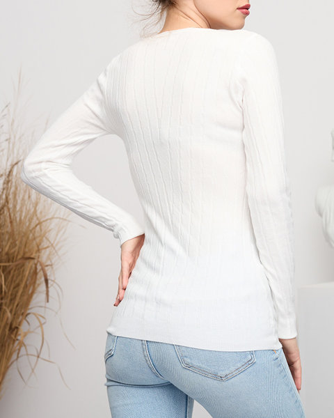 Baltos spalvos moteriškas megztinis apvalia iškirpte - Drabužiai