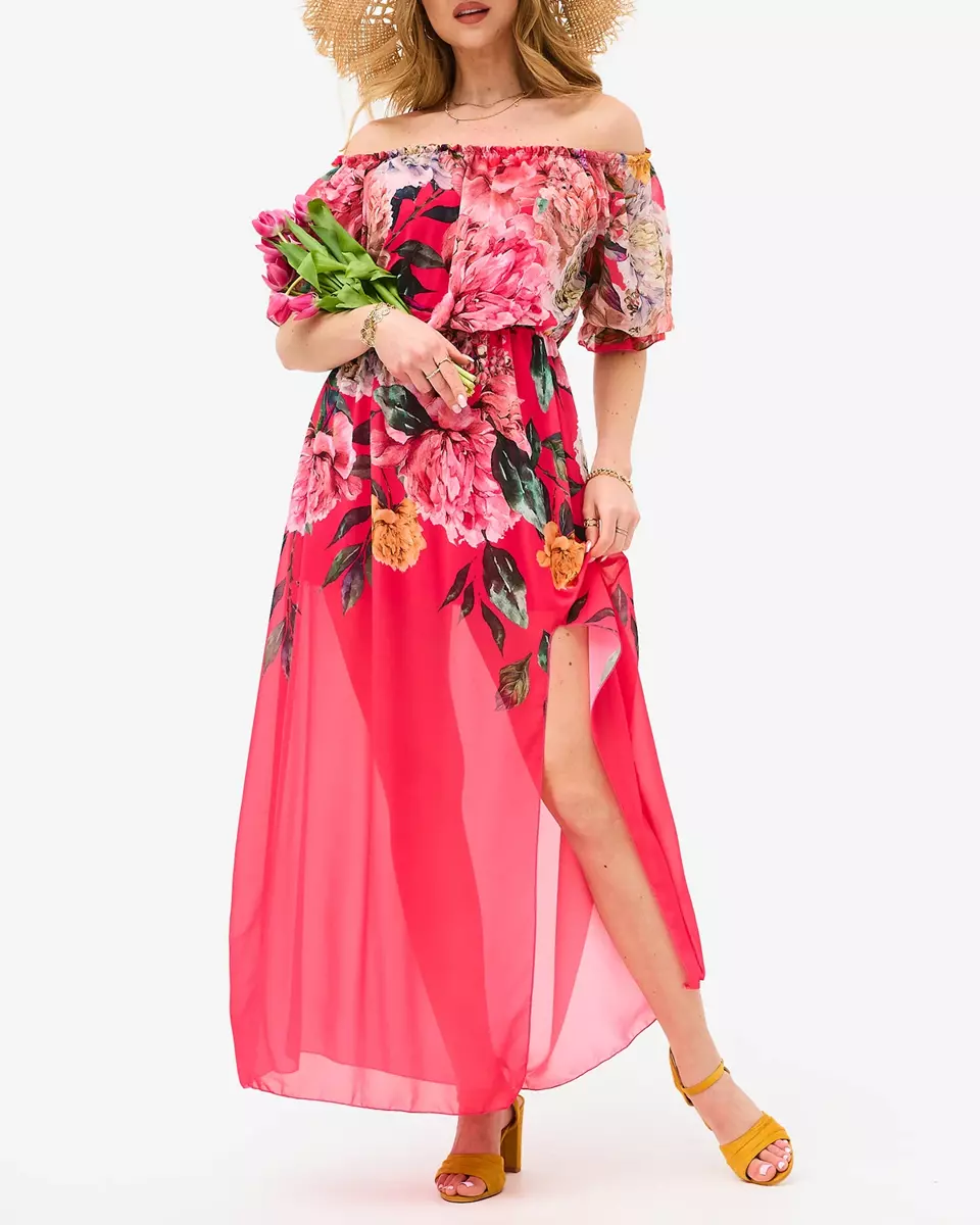 Fuksijos spalvos moteriška ilga suknelė su gėlių pamušalu - Apranga
