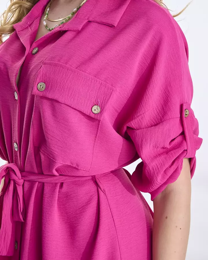 Fuksijos spalvos moteriška suknelė a'la marškinėliai su raišteliu juosmenyje - Apranga