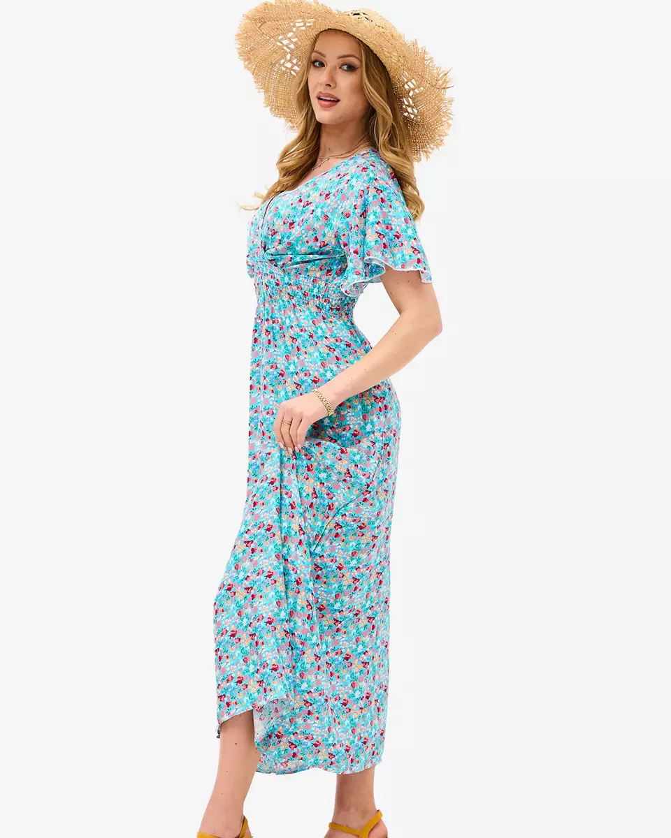 Gėlėta mėlyna moteriška midi suknelė su voko formos iškirpte - Apranga