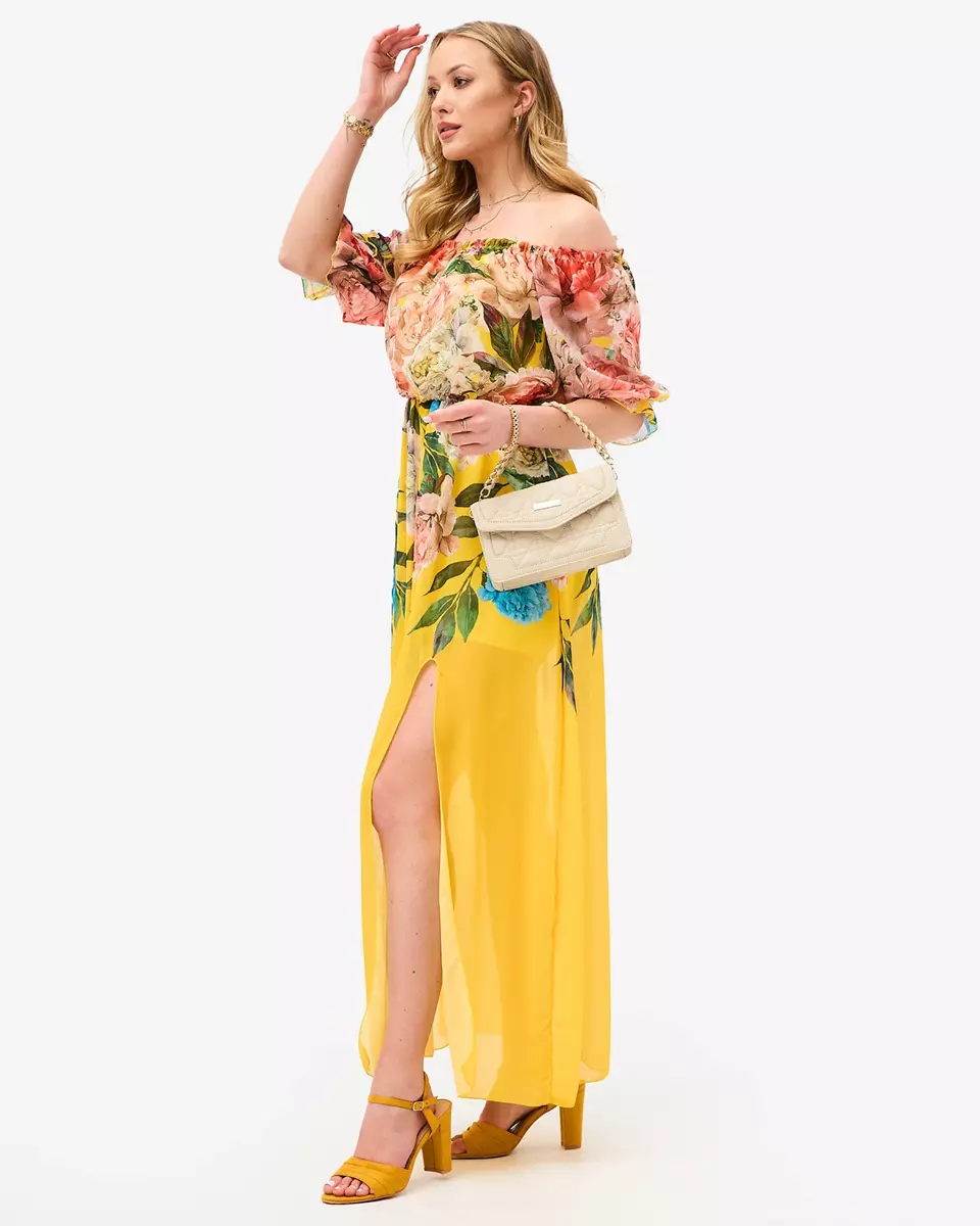 Geltona moteriška ilga suknelė su gėlėtu pamušalu - Apranga