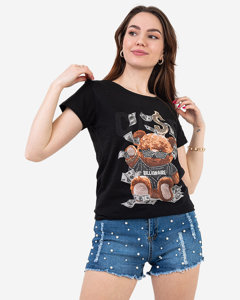 Juodi moteriški marškinėliai su raštu MISIA- Drabužiai