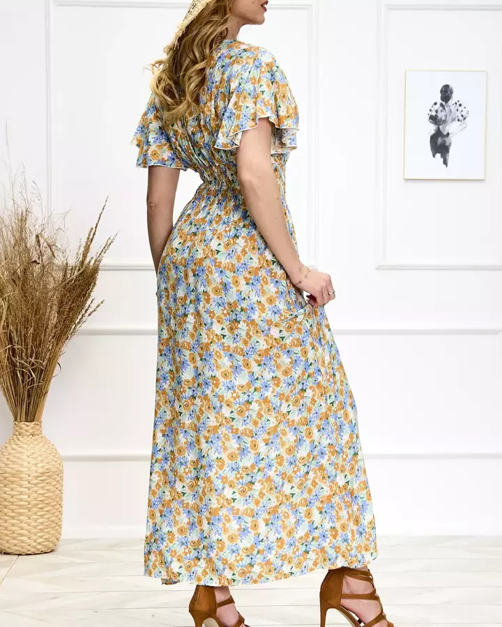 Mėlyna ir geltona gėlėta moteriška midi suknelė - Batai