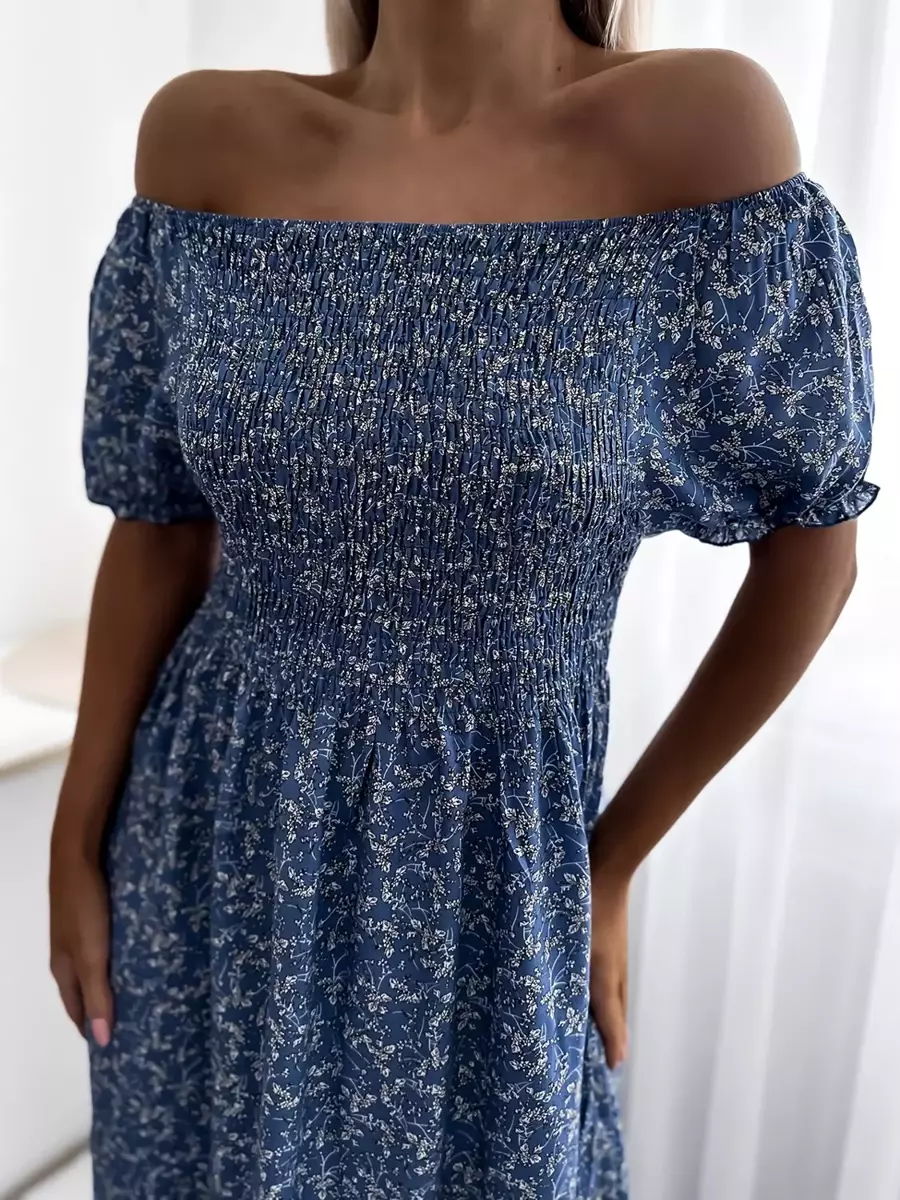 Mėlyna moteriška gėlėta midi ilgio suknelė - Apranga