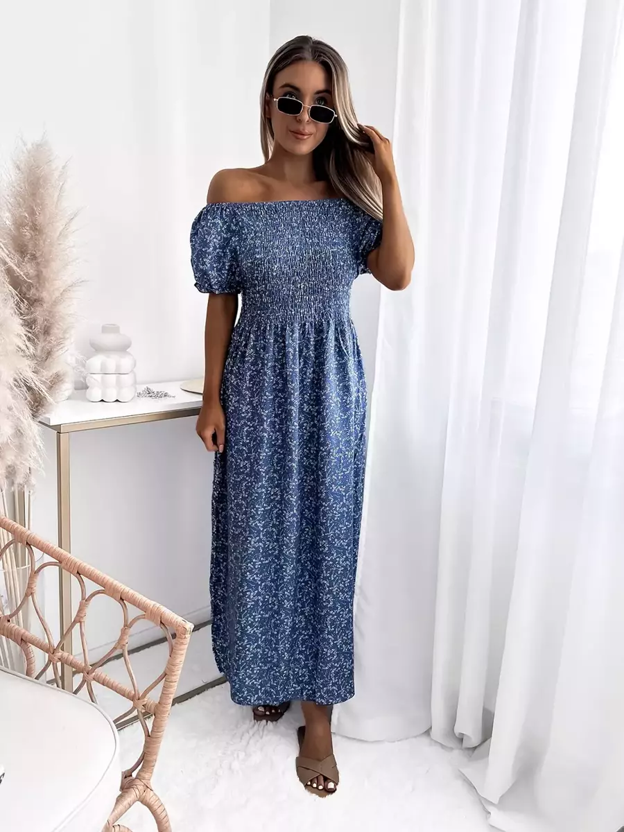 Mėlyna moteriška gėlėta midi ilgio suknelė - Apranga