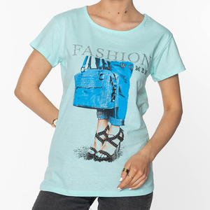 Mėtų spalvos moteriški marškinėliai su FASHION-Clothing spauda