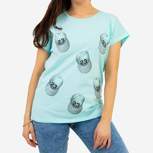 Mėtų spalvos moteriški marškinėliai su blizgučiais ir raštais - Drabužiai