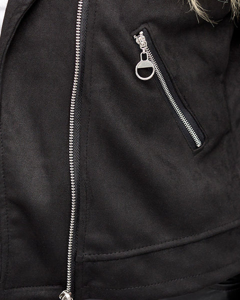 Moteriška juoda ekologiška zomša dviratininko striukė su kišenėmis - Drabužiai
