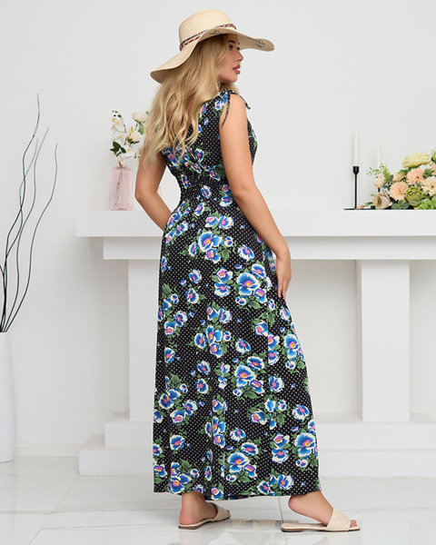Moteriška juoda maksi suknelė su mėlynomis gėlėmis - Drabužiai