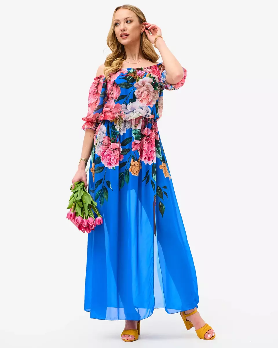 Moteriška kobalto spalvos ilga suknelė su gėlių pamušalu - Apranga